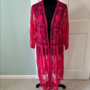Sheer Hot Pink Lace Kimono or Coverup